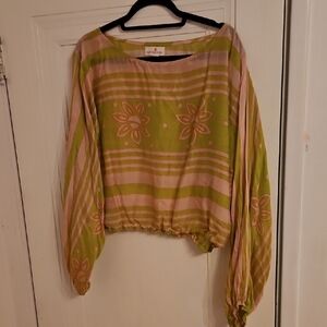 Long Sleeve Relaxed Blouse with Ruched Details, Pink/Green, Excelkent Condition!